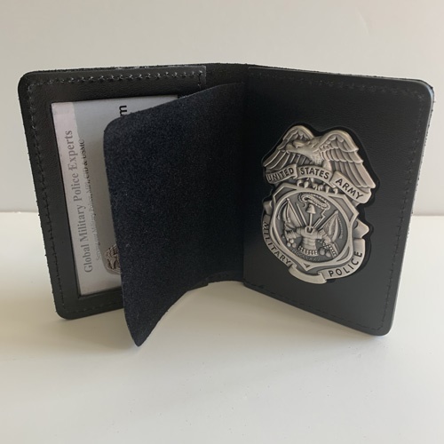 LEOSA ARMY MP DUTY LEATHER RECESSED BADGE & DOUBLE ID CASE; ID Sizes 2 5/8" X 3 7/8" (Fits LEOSA and Drivers License)