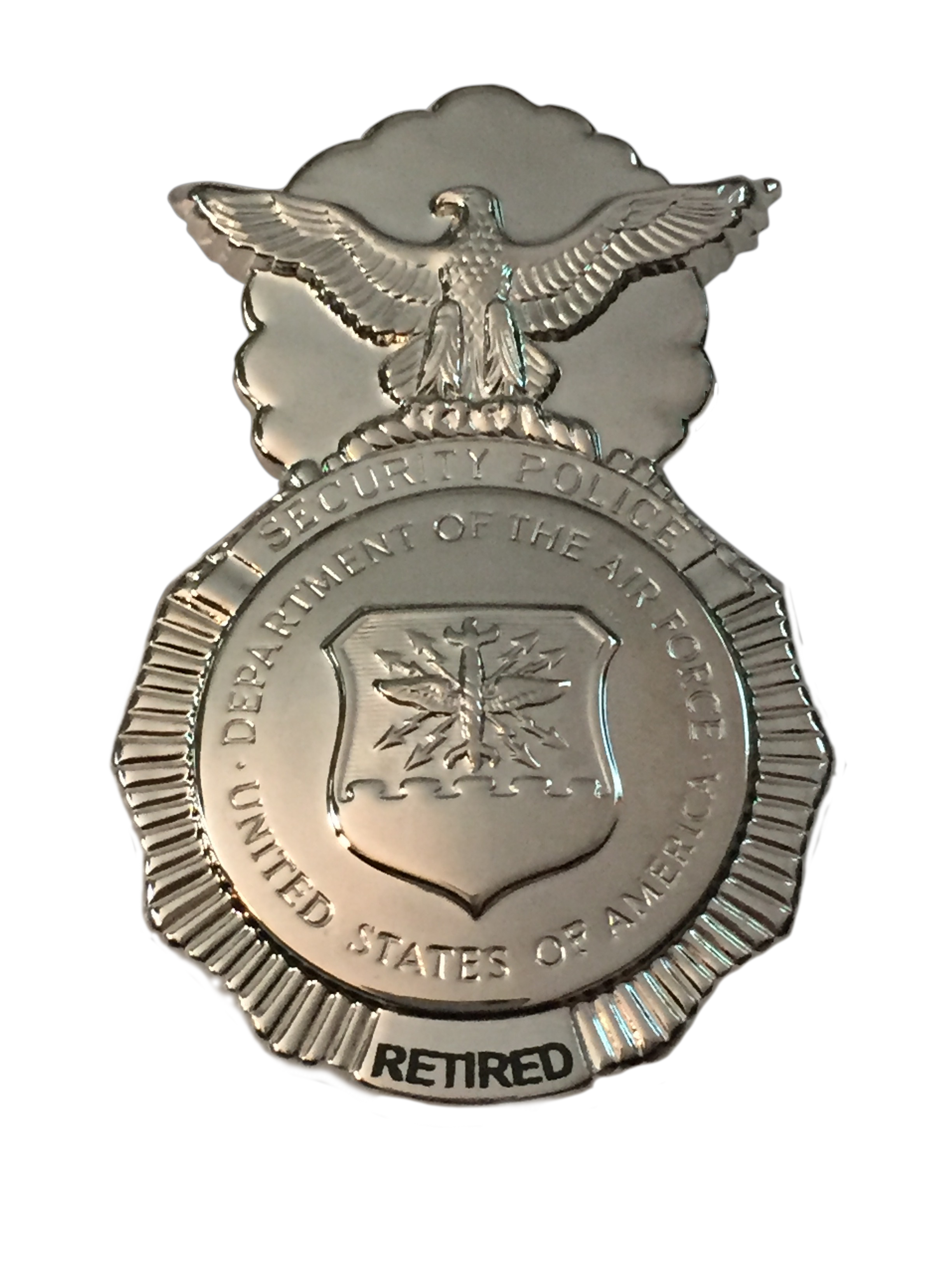 RETIRED USAF Security Police Badge FULL SIZE -Engraved -Safety Pin Backing
