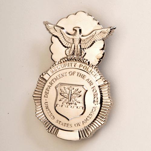USAF Security POLICE Metal Badge FULL SIZE - with Safety Pin Backing - CHROME - Click Image to Close