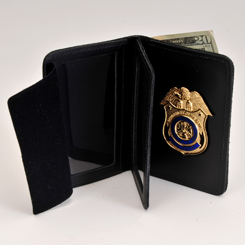 ARMY CID AGENT LEATHER CRED/BADGE CASE with Money Insert: FELT FLAP MOVED; stitched behind middle ID Window to protect Badge
