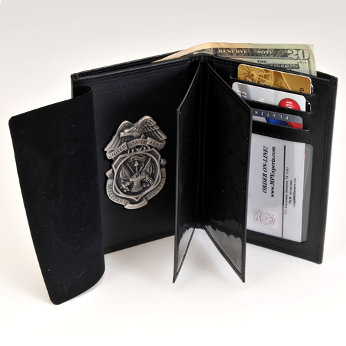 MPI LEATHER CRED/BADGE CASE W/BADGE (Nickel) & CC SLOTS; 2 ID Windows Size 3" X 5" (LARGER WALLET for Investigators)