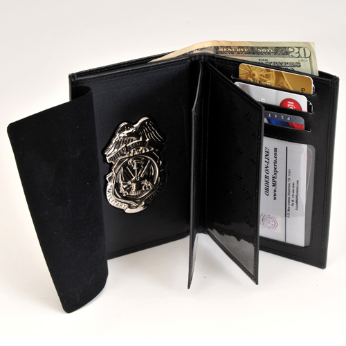 MPI LEATHER CRED/BADGE CASE W/BADGE (Nickel) & CC SLOTS; 2 ID Windows Size 3" X 5" (LARGER WALLET for Investigators)
