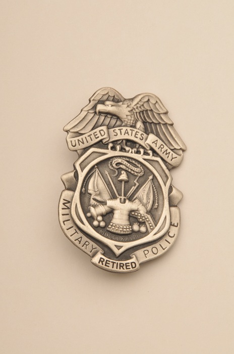 Army MP Nickel Badge: `RETIRED` Laser Engraved On Bottom